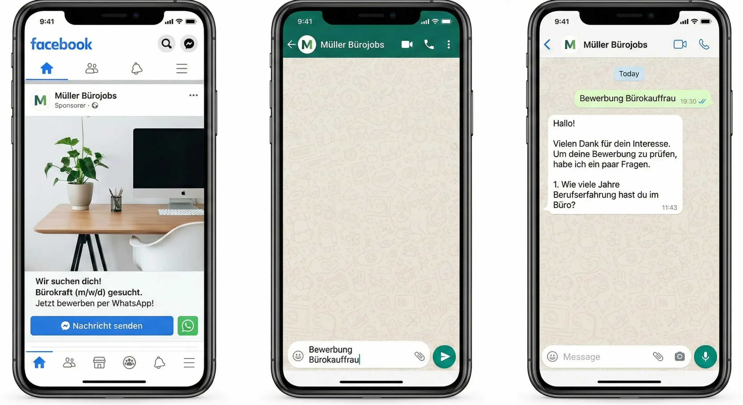 Beispiel-Chat: WhatsApp-Recruiting – Interessent stellt Fragen und wird durch den Bewerbungsprozess geführt