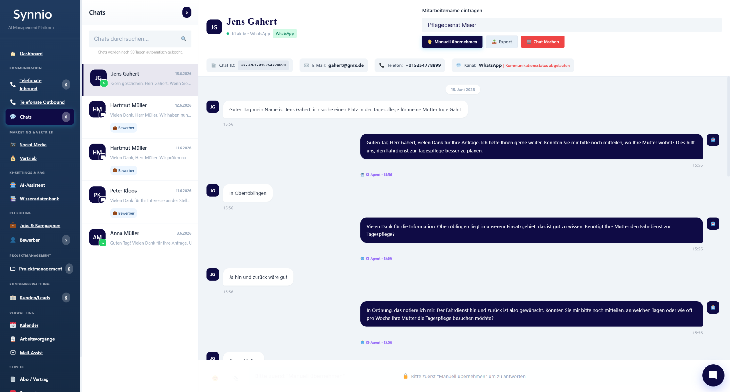 Synnio Backend – Kundenchats aus Web und WhatsApp